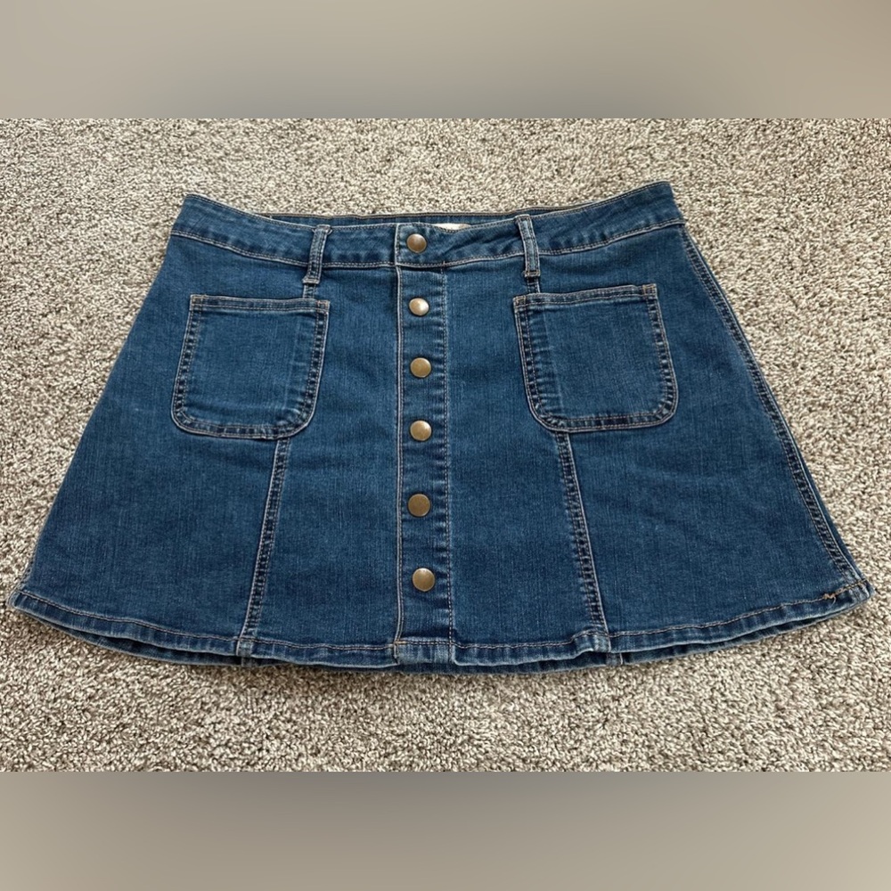 Altar'd State Dark Blue Button-Front Denim Mini Skirt